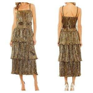 Ieena for Mac Duggal Gold Metallic Plissé Tiered Midi Dress Size 14 NWT